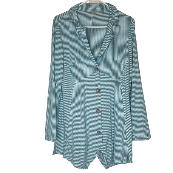 Soft Surroundings Tunic Top Womens Size M Blue Striped Button-Front Asymmetrical - Picture 1 of 11